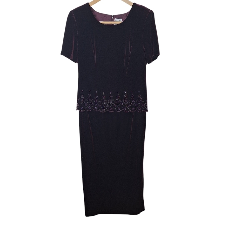 R & M Richards by Karen Kwong Velvet Velour Dress Sz 12 Formal Embellished Wine